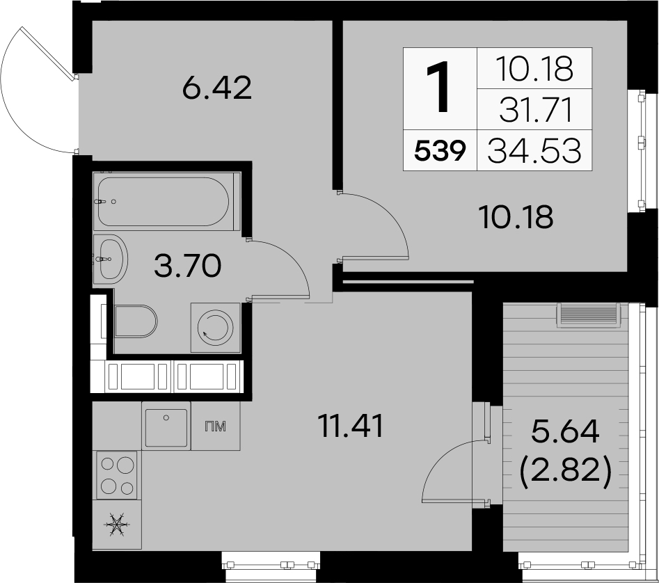 1-комнатная квартира 34.53 м², 5/8 эт., ЖК «Glorax City Балтийская»